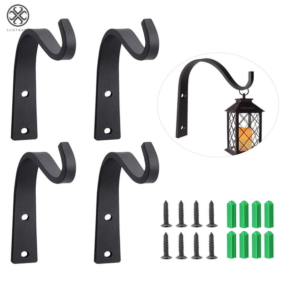Luxtrada 4 Pack Wrought Iron Hangers Hooks, Outdoor Metal Small Planter Lantern Wall Hanging Hook Wall Bracket for Lantern Planter Bird Feeders Coat