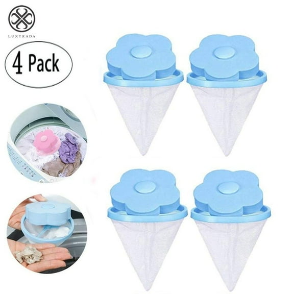 Luxtrada 4 Pieces Reusable Washing Machine Lint Catcher Household Washing Machine Lint Mesh Bag Hair Filter Net Pouch Washer Hair Catcher (Blue)