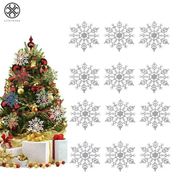 Luxtrada 4 inch 24Piece Plastic Christmas Glitter Snowflake Ornaments Christmas Tree Decorations (Silver)