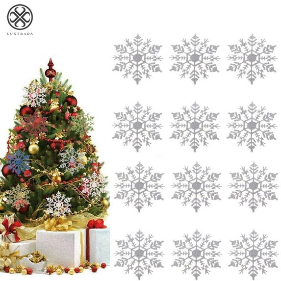 Luxtrada 4 inch 36Piece Plastic Christmas Glitter Snowflake Ornaments Christmas Tree Decorations (Silver)