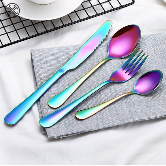 Luxtrada 4Pcs Flatware Rainbow Dinnerware Stainless Steel Tableware Set for Dinner Steak Soup Tea Fork Spoon Knife (Colorful)