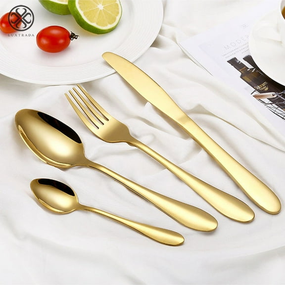 Luxtrada 4Pcs Flatware Rainbow Dinnerware Stainless Steel Tableware Set for Dinner Steak Soup Tea Fork Spoon Knife (Gold)