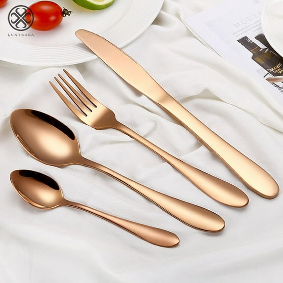 Luxtrada 4Pcs Flatware Rainbow Dinnerware Stainless Steel Tableware Set for Dinner Steak Soup Tea Fork Spoon Knife (Rose Gold)