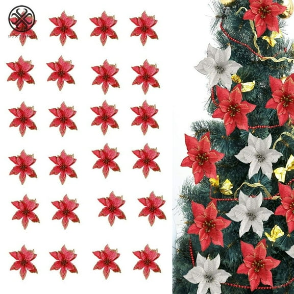 Luxtrada 5.9 Inch Glitter Artifical Wedding Christmas Flowers Glitter Poinsettia Christmas Tree Ornaments Pack of 24(Red)