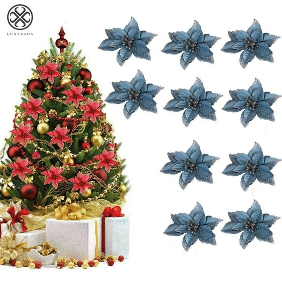 Luxtrada 5.91" 12pcs/set Artificial Flower Glitter Poinsettia Flowers For Christmas Tree Ornament Wedding Party Home Decor (Blue)