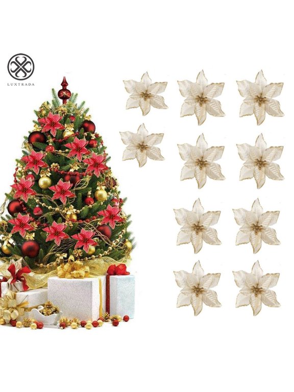 5.91" 12pcs/set Artificial Flower Glitter Poinsettia Flowers For Christmas Tree Ornament Wedding Party Home Decor (Gold)