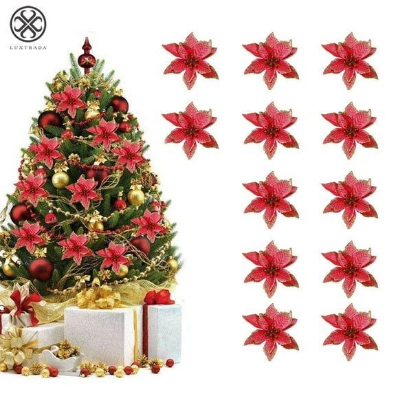 Luxtrada 5.91" 12pcs/set Artificial Flower Glitter Poinsettia Flowers For Christmas Tree Ornament Wedding Party Home Decor (Red)