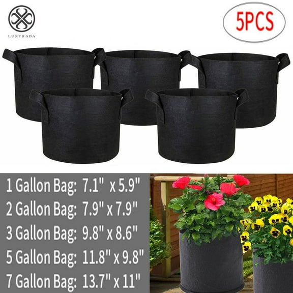 Luxtrada 5-Pack 1 Gallon Planter Grow Bag Nonwovens Fabric Pots Container Plant Garden Planter Bags with Handles Black