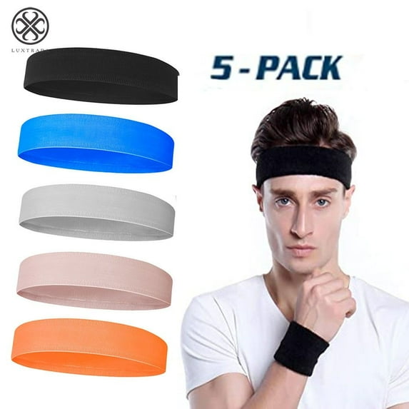 Luxtrada 5pack Sweat Headbands - Sports Head Sweatbands for Athletic Men & Women - Stretchy & Soft Terry Cloth Bands for Working Out, Tennis, Gymnastics, Basketball, Baseball, Football, Running