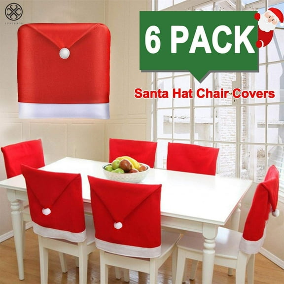 Luxtrada 6 Pcs Christmas Chair Back Cover Santa Claus Hat Slipcovers for Dining Room Home Kitchen Chair Covers Set