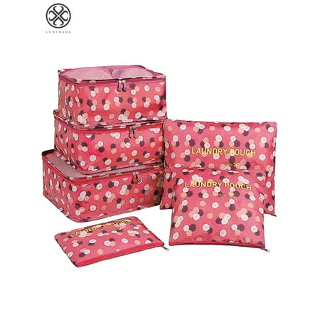 Luxtrada 6PCS Waterproof Clothes Storage Bags Packing Cube Travel Luggage Organizer Pouch (Pink Flower)