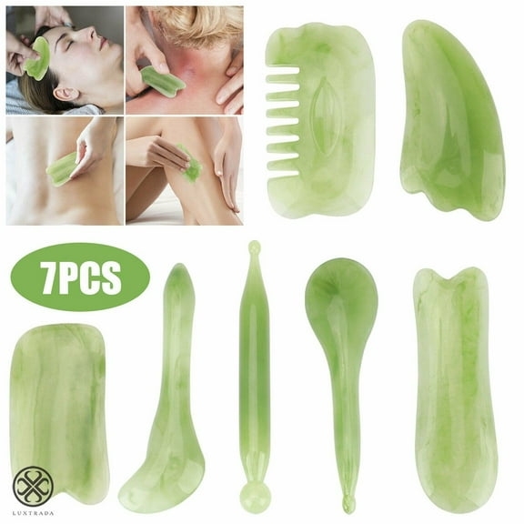 Luxtrada 7pcs Scraping Massage Tool Kits, Natural Resin Scraper Board Healing Stone Set for Face Back and Neck Release Massage Therapy, Reduce Muscle Pain (green)