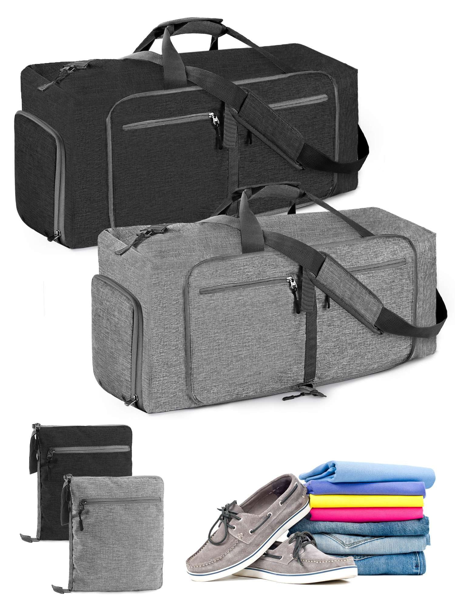 Luxtrada 85L Duffle Bag with Shoes Compartment, 26" Foldable Travel Duffel Bags for Men Women, Large Packable Travel Bag Water Repellent & Tear Resistant (Black)