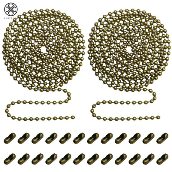 Luxtrada Beaded Pull Chain Extension with Connector for Ceiling Fan or Light (2pc in One Package) 10 Feet Beaded Roller Chain with 12 Matching Connectors Each (3mm Diameter, Bronze)