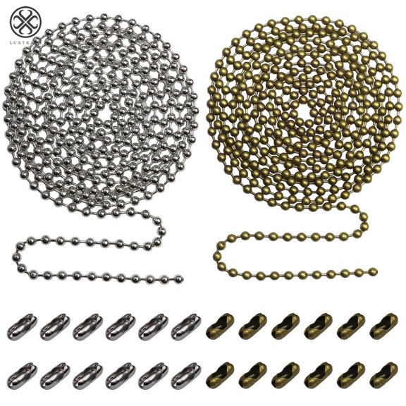 Luxtrada Beaded Pull Chain Extension with Connector for Ceiling Fan or Light (2pc in One Package) 10 Feet Beaded Roller Chain with 12 Matching Connectors Each (3mm Diameter, Bronze&Silver)