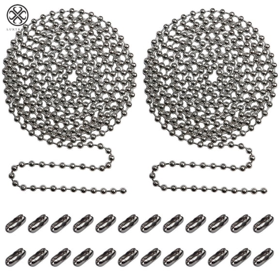 Luxtrada Beaded Pull Chain Extension with Connector for Ceiling Fan or Light (2pc in One Package) 10 Feet Beaded Roller Chain with 12 Matching Connectors Each (3mm Diameter, Silver)