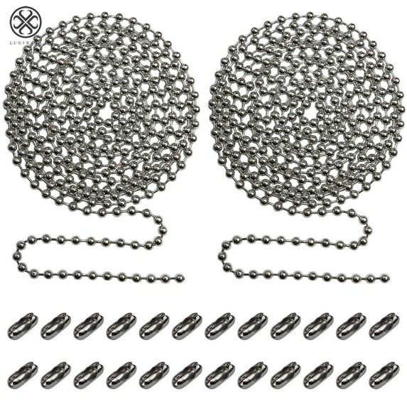 Luxtrada Beaded Pull Chain Extension with Connector for Ceiling Fan or Light (2pc in One Package) 10 Feet Beaded Roller Chain with 12 Matching Connectors Each (3mm Diameter, Silver)