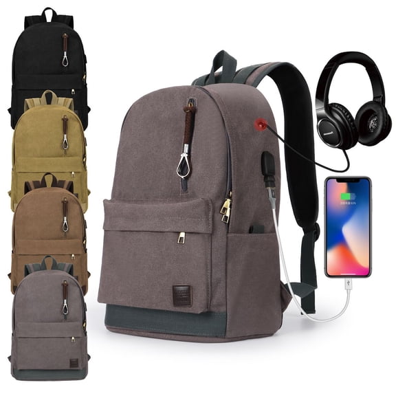 Luxtrada Canvas Laptop Backpack with USB Charging Port Waterproof School Backpack Canvas Backpack Vintage Travel Backpack for Men Women, Fits up to 15.6 Inch Laptops (Gray)