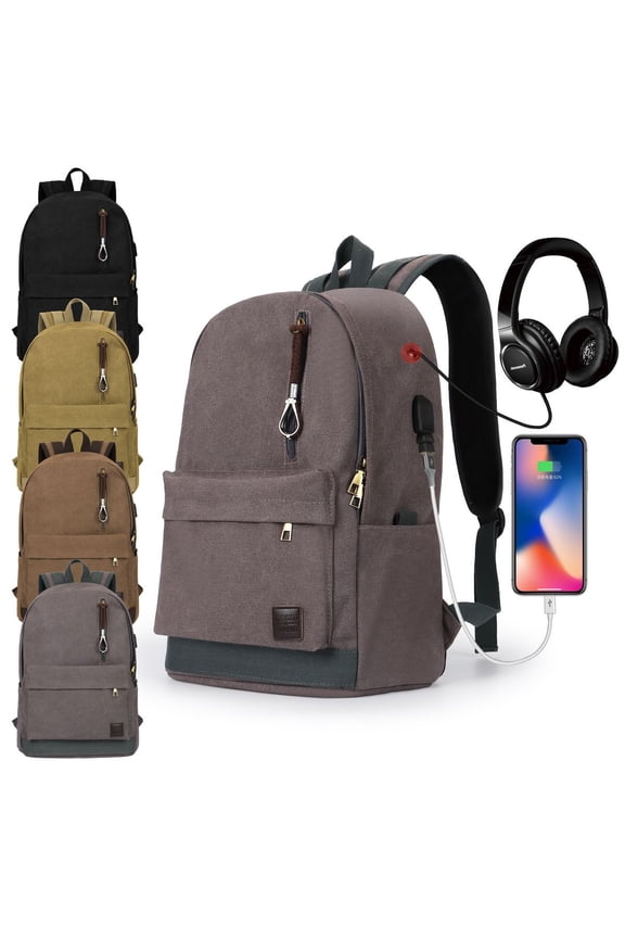 Canvas Laptop Backpack with USB Charging Port Waterproof School Backpack Canvas Backpack Vintage Travel Backpack for Men Women, Fits up to 15.6 Inch Laptops (Gray)