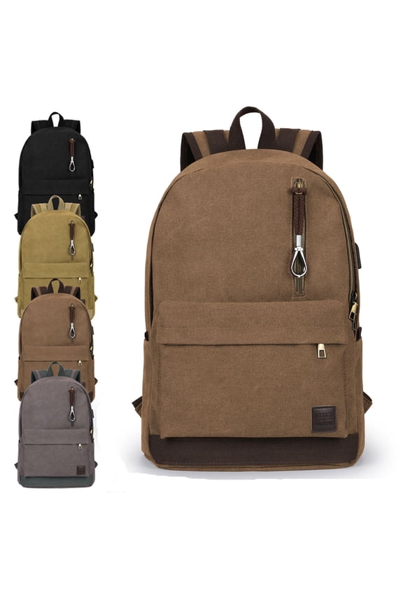 Canvas Laptop Backpack with USB Charging Port Waterproof School Backpack Canvas Backpack Vintage Travel Backpack for Men Women, Fits up to 15.6 Inch Laptops (Coffee)