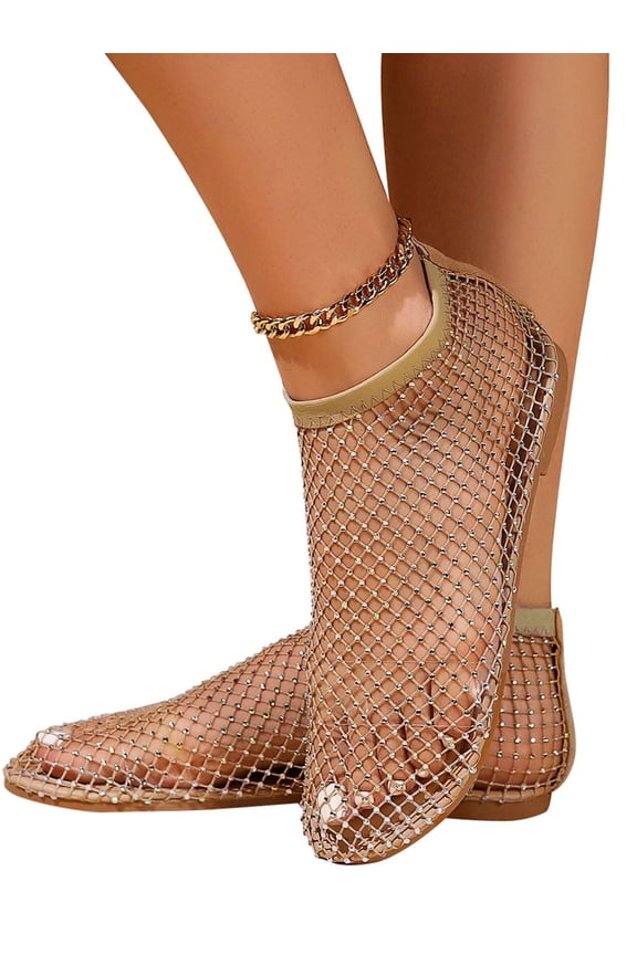 Comfortable Mesh Flats for Women Fishnet Sandals Low Heel Slip on Rhinestone Shoes (Gold,US 9-10)