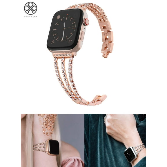 Luxtrada Compatible Apple Watch Band Stainless Steel Metal Pendant Bracelet Bangle Wristband with Diamond Replacement for Apple Watch SE iWatch Series 8/7/6/5/4/3/2/1 (Rose Gold, 42/44mm)