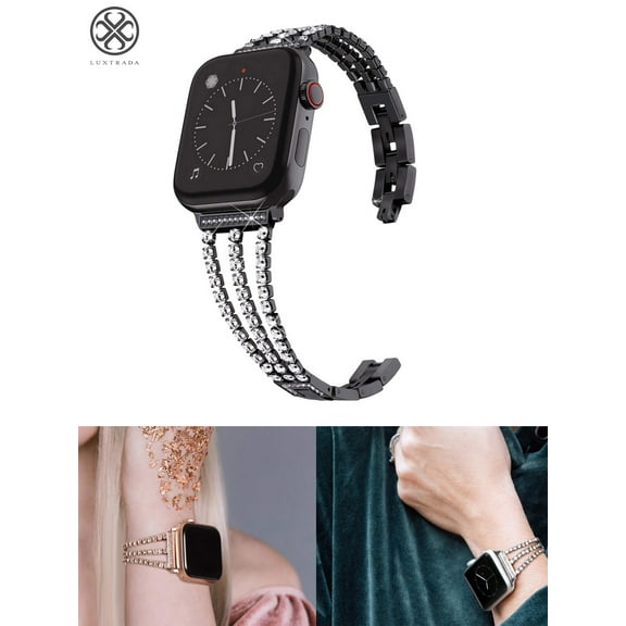 Luxtrada Compatible Apple Watch Band Stainless Steel Metal Pendant Bracelet Bangle Wristband with Diamond Replacement for Apple Watch SE iWatch Series 8/7/6/5/4/3/2/1 (Black, 38/40mm)