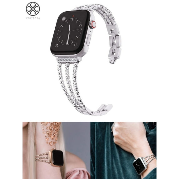 Luxtrada Compatible Apple Watch Band Stainless Steel Metal Pendant Bracelet Bangle Wristband with Diamond Replacement for Apple Watch SE iWatch Series 8/7/6/5/4/3/2/1 (Silver, 38/40mm)