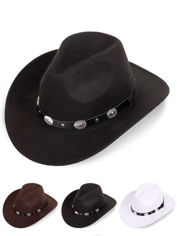 Cowboy Hats for Women Men Pu Leather Cowgirl Hat Wide Brim Fedora Hats Outback Tourist Knight Hat (Black)