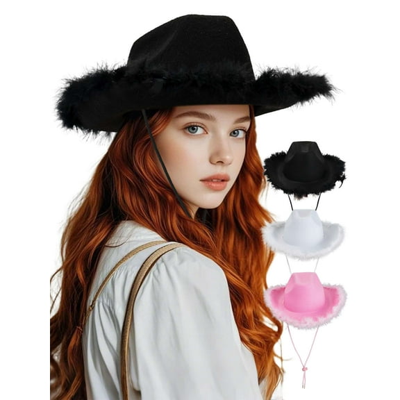 Luxtrada Cowgirl Hat with Fluffy Feathers Novelty Cowboy Hat Party Costume Accessories (Black)