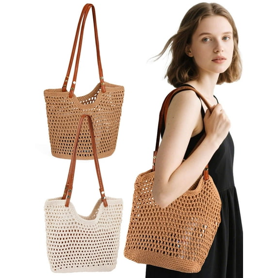 Luxtrada Crochet Beach Bags for Women Summer Beach Tote Bag Soft Woven Purses Shoulder Bag for Vacation (Khaki)