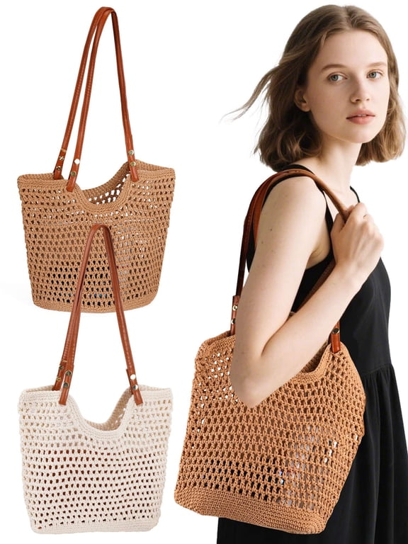 Crochet Beach Bags for Women Summer Beach Tote Bag Soft Woven Purses Shoulder Bag for Vacation (Khaki)