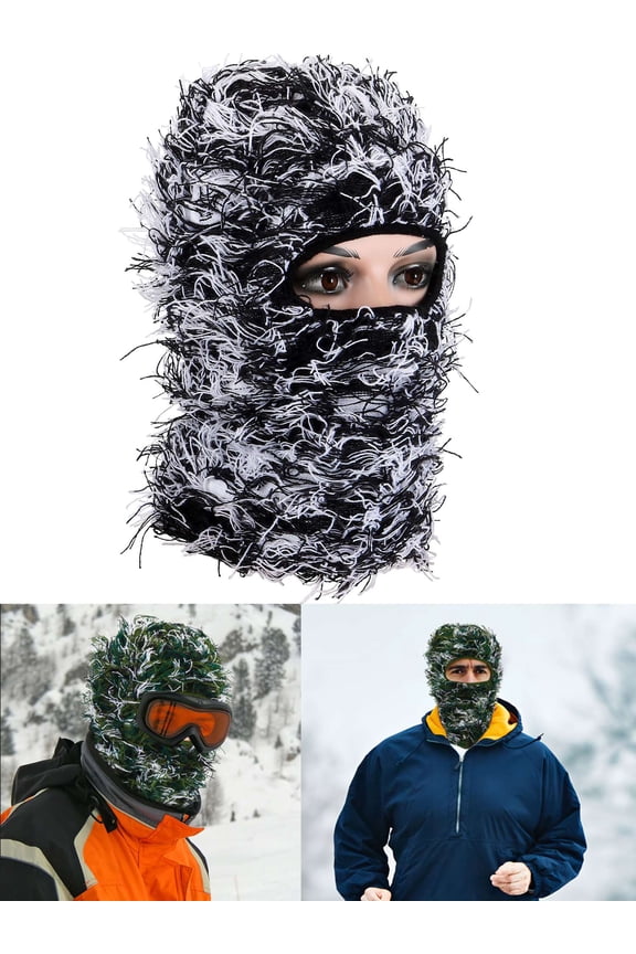 Distressed Balaclava Ski Mask for Men and Women - Knitted Balaclava Distressed Windproof Full Face Mask Cold Weather (Black+White)