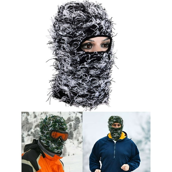 Luxtrada Distressed Balaclava Ski Mask for Men and Women - Knitted Balaclava Distressed Windproof Full Face Mask Cold Weather (Black+White)