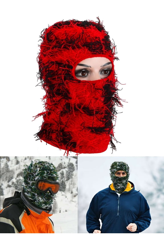 Distressed Balaclava Ski Mask for Men and Women - Knitted Balaclava Distressed Windproof Full Face Mask Cold Weather (Red)