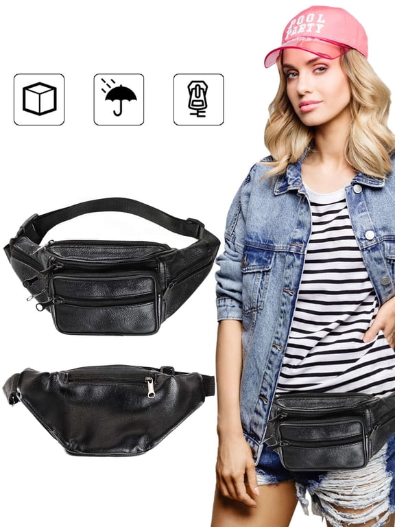 Fanny Pack Waist Bag Multifunction Genuine Leather Hip Bum Bag Travel Pouch for Men and Women (Black)