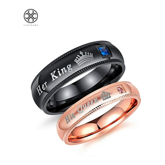 Fashion Ahead 2pcs Matching Set Couple Rings His Queen and Her King Stainless Steel Promise Rings Engagement Band Valentine's Day Couples Gifts