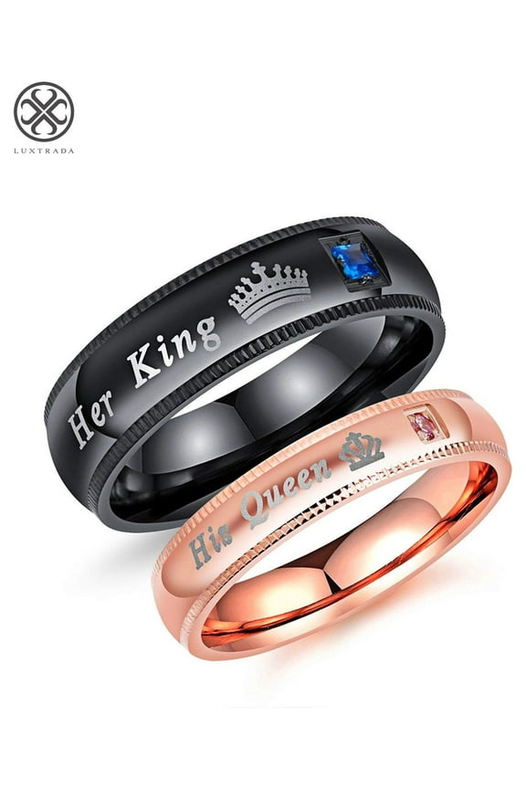 Fashion Ahead 2pcs Matching Set Couple Rings His Queen and Her King Stainless Steel Promise Rings Engagement Band Valentine's Day Couples Gifts