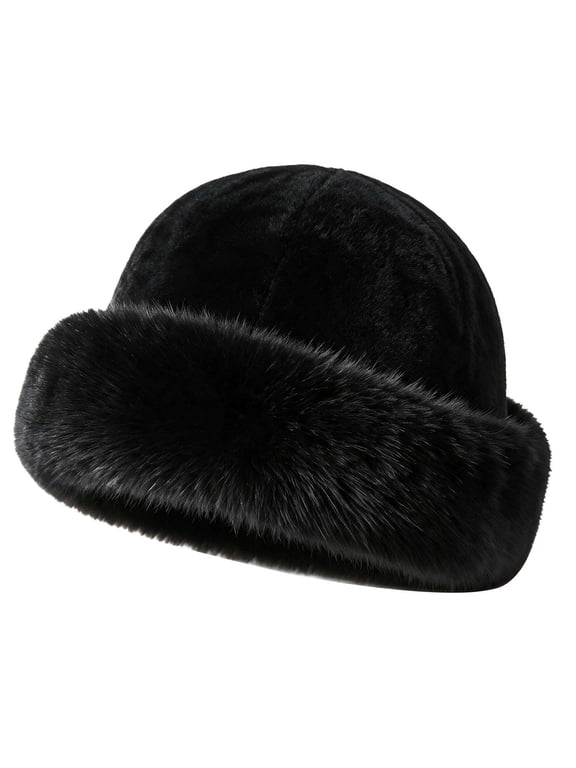 Faux Fur Trimmed Winter Fashion Hat for Women Fashionable Outdoor Warm Hats Christmas Gift (Black)