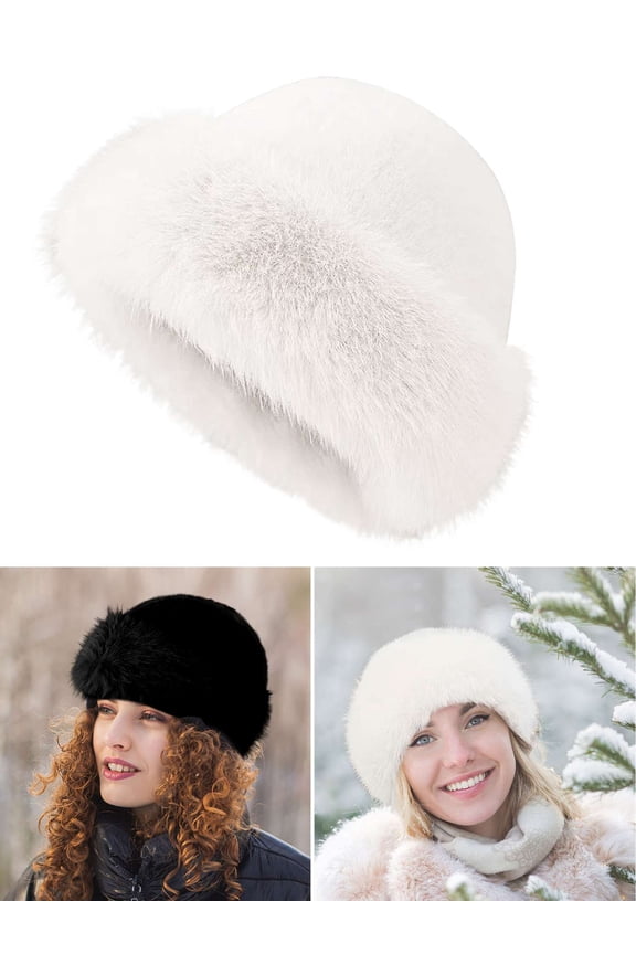 Faux Fur Trimmed Winter Fashion Hat for Women Fashionable Outdoor Warm Hats Christmas Gift (White)