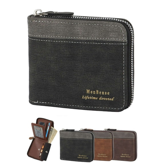 Luxtrada Genuine Leather Wallet Coin Pocket for Men Large Capacity ID Window Card Case with Zip (Black)