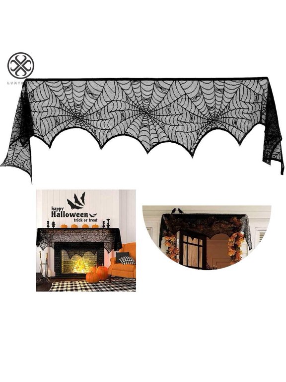 Halloween Decorations Black Lace Spiderweb Fireplace Mantle Scarf Cover Creepy Tablecloth (96''*18'')