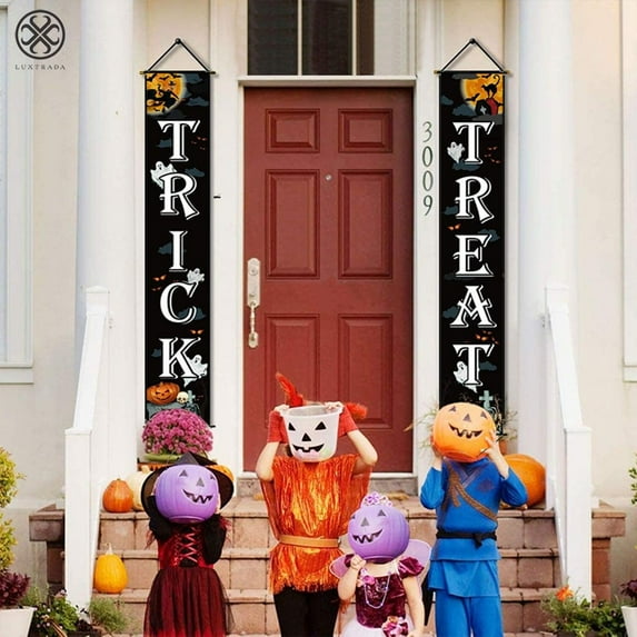 Luxtrada Halloween Decorations Outdoor,Halloween Front Door Welcome Signs Halloween Trick or Treat Banner,Halloween Porch Hanging Sign Decor Halloween Porch Banner Halloween Home Party Decor Supplies