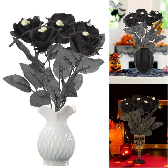 Luxtrada Halloween Flowers 10/20Pcs Artificial Halloween Rose with Skull Head Black Leaves Faux Silk Rose Picks Flower Stems Rose Flower Bouquet