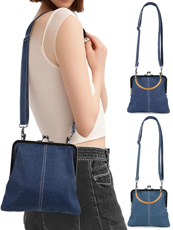 Handmade Denim Patchwork Tote Bag Crossbody & Shoulder Purse for Women (Blue)