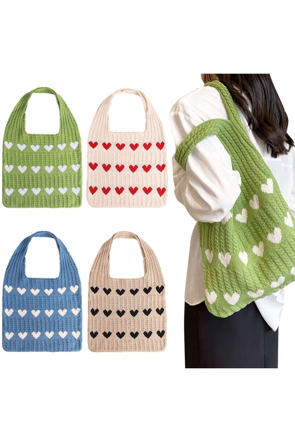 Heart Shaped Knitted Tote Bag Fashionable Women‘s Crochet Shoulder Bag (Black)