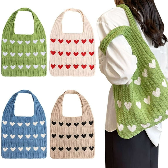Luxtrada Heart Shaped Knitted Tote Bag Fashionable Women‘s Crochet Shoulder Bag (Blue)