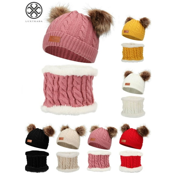 Luxtrada Infant Toddler Winter Hat Scarf Set for Baby Girl Boy Knitted Warm Fleece Lined Skiing Cap Lovely Pompom Kids Beanie 6-36 Months