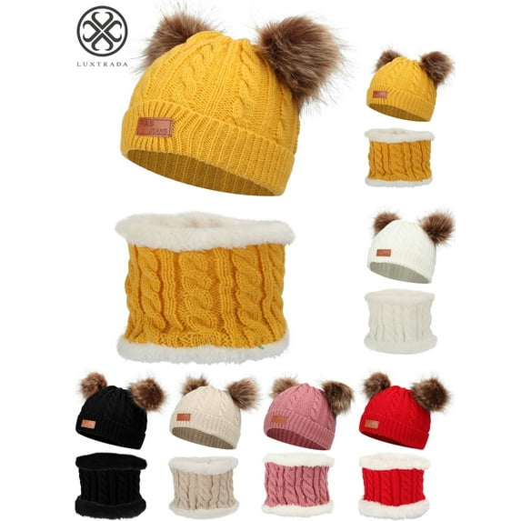 Luxtrada Infant Toddler Winter Hat Scarf Set for Baby Girl Boy Knitted Warm Fleece Lined Skiing Cap Lovely Pompom Kids Beanie 6-36 Months