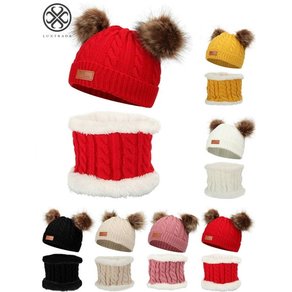 Luxtrada Infant Toddler Winter Hat Scarf Set for Baby Girl Boy Knitted Warm Fleece Lined Skiing Cap Lovely Pompom Kids Beanie 6-36 Months